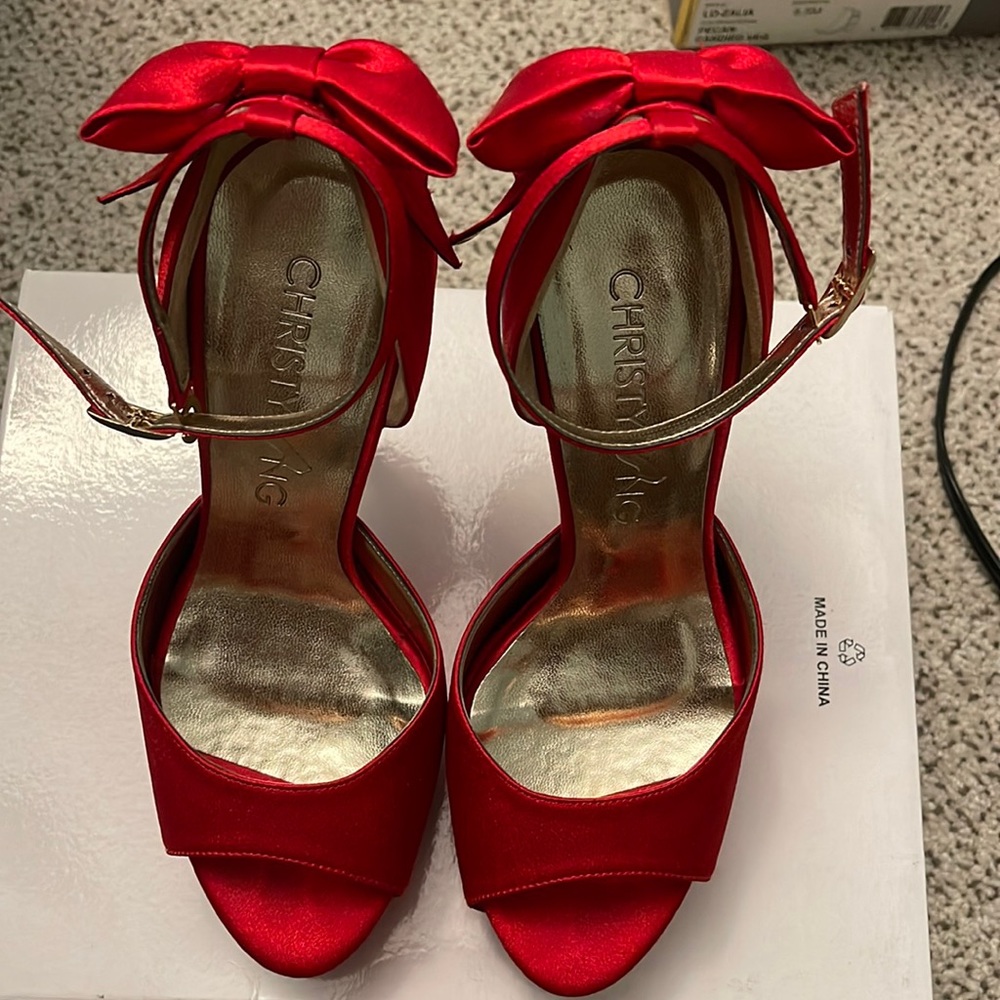 Satin red strap very tall heels d’orsay size 5